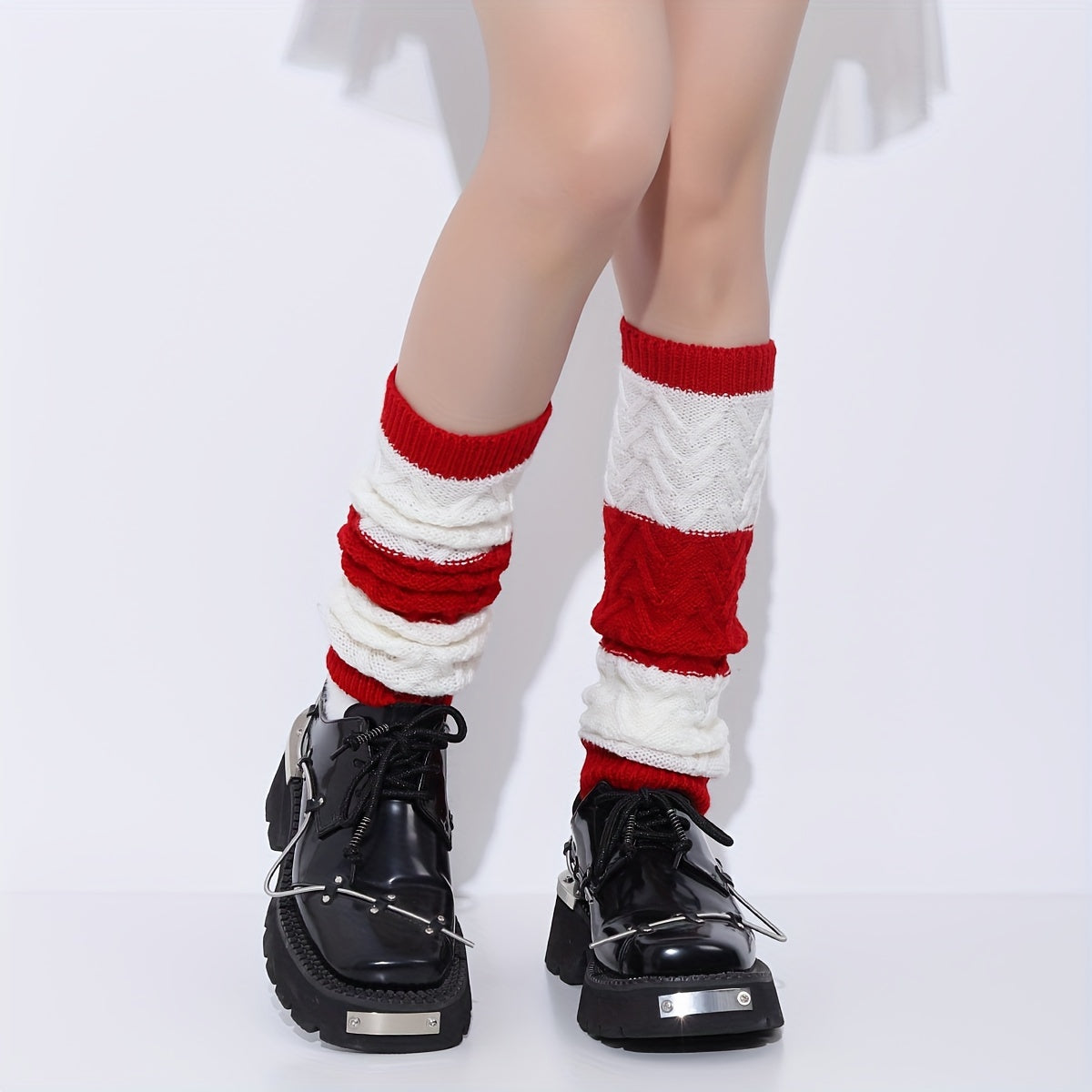 Colorblock Knitted Leg Warmers Christmas Warm Knee High Socks