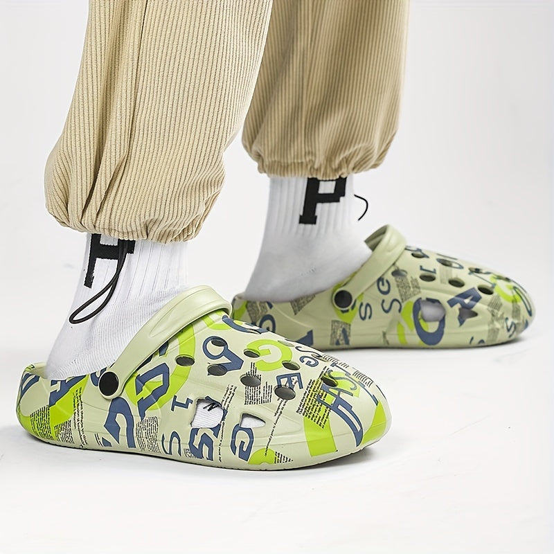 Men's Graphic Print Platform Clogs Hollow Out Garden Shoes
