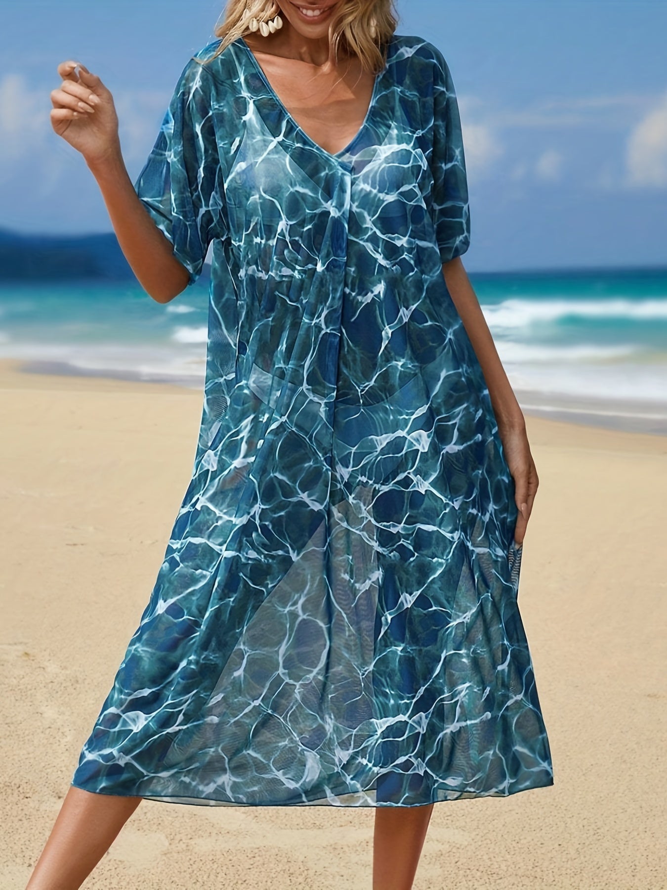 Ripple Print Cover Up Dress V Neck Short Sleeves Loose Fit Semi Sheer Beach Kaft