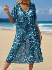 Ripple Print Cover Up Dress V Neck Short Sleeves Loose Fit Semi Sheer Beach Kaft
