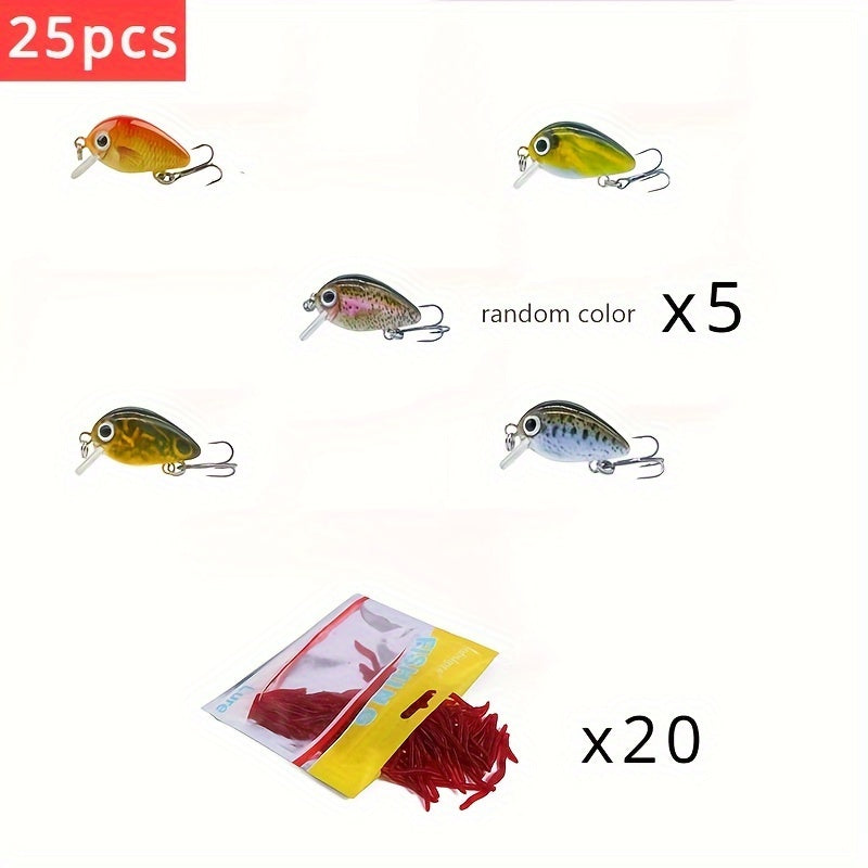 25pcs Mini Crankbaits And Red Worms Combo Set For Water Surface Fishing