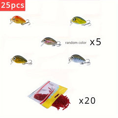 25pcs Mini Crankbaits And Red Worms Combo Set For Water Surface Fishing