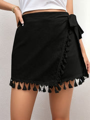 Retro Skort Women's Plus Solid Wrap Tassel Trim Side Tie Elastic