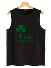 Letter & Leaf Print Sleeveless Sports Vest Round Neck Stretchy Casual Top
