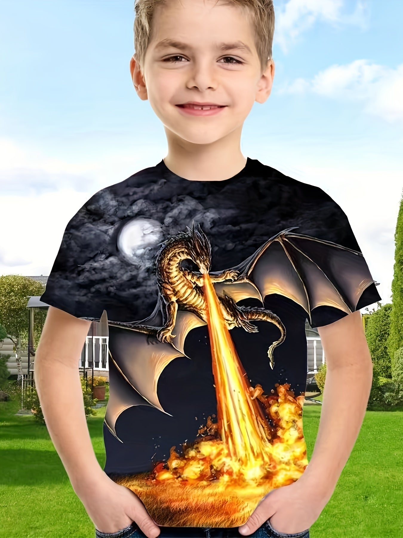 3D Dragon & Fire Pattern T shirt For Kids Short Sleeve Top Casual Tee