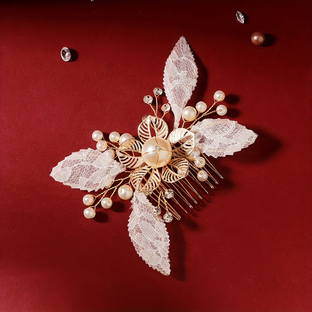 Flower & Lace Charm Hair Comb Faux Pearl Bridal Wedding Headwear