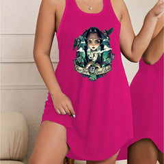 Cartoon Girl & Art Print Tank Sleep Dress