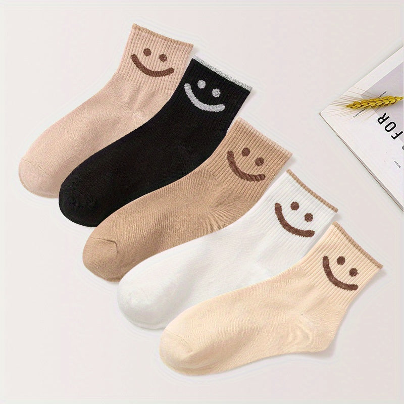 5 Pairs Smiling Print Crew Socks for Women