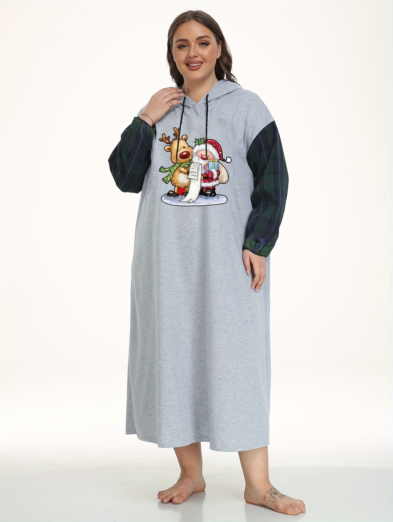 Santa Claus & Elk Print Plaid Hooded Lounge Dress