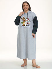 Santa Claus & Elk Print Plaid Hooded Lounge Dress