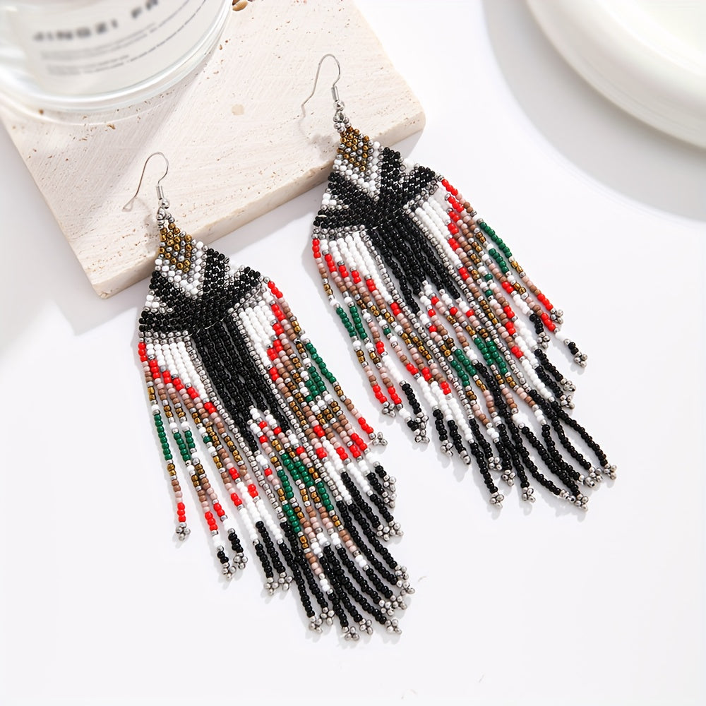Long Beaded Tassel Earrings Bohemian Style Fringe Drop Earrings
