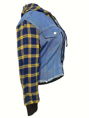 Colorblock Plaid Hooded Denim Jacket
