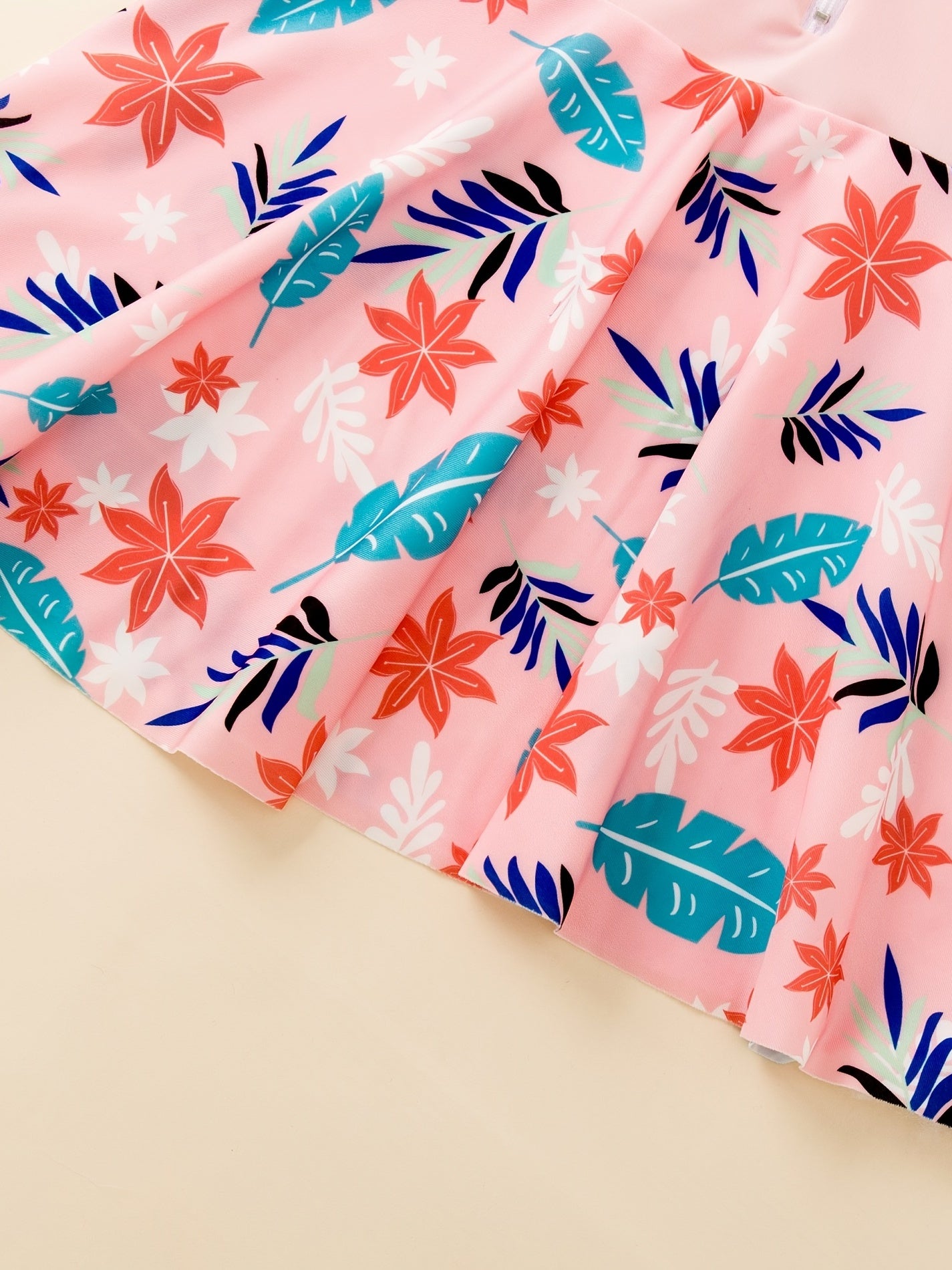 Girls Leaf Print Dress & Shorts Swimsuit Set