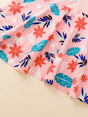 Girls Leaf Print Dress & Shorts Swimsuit Set