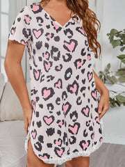 Heart Leopard Print Lace Trim Sleep Tee Dress