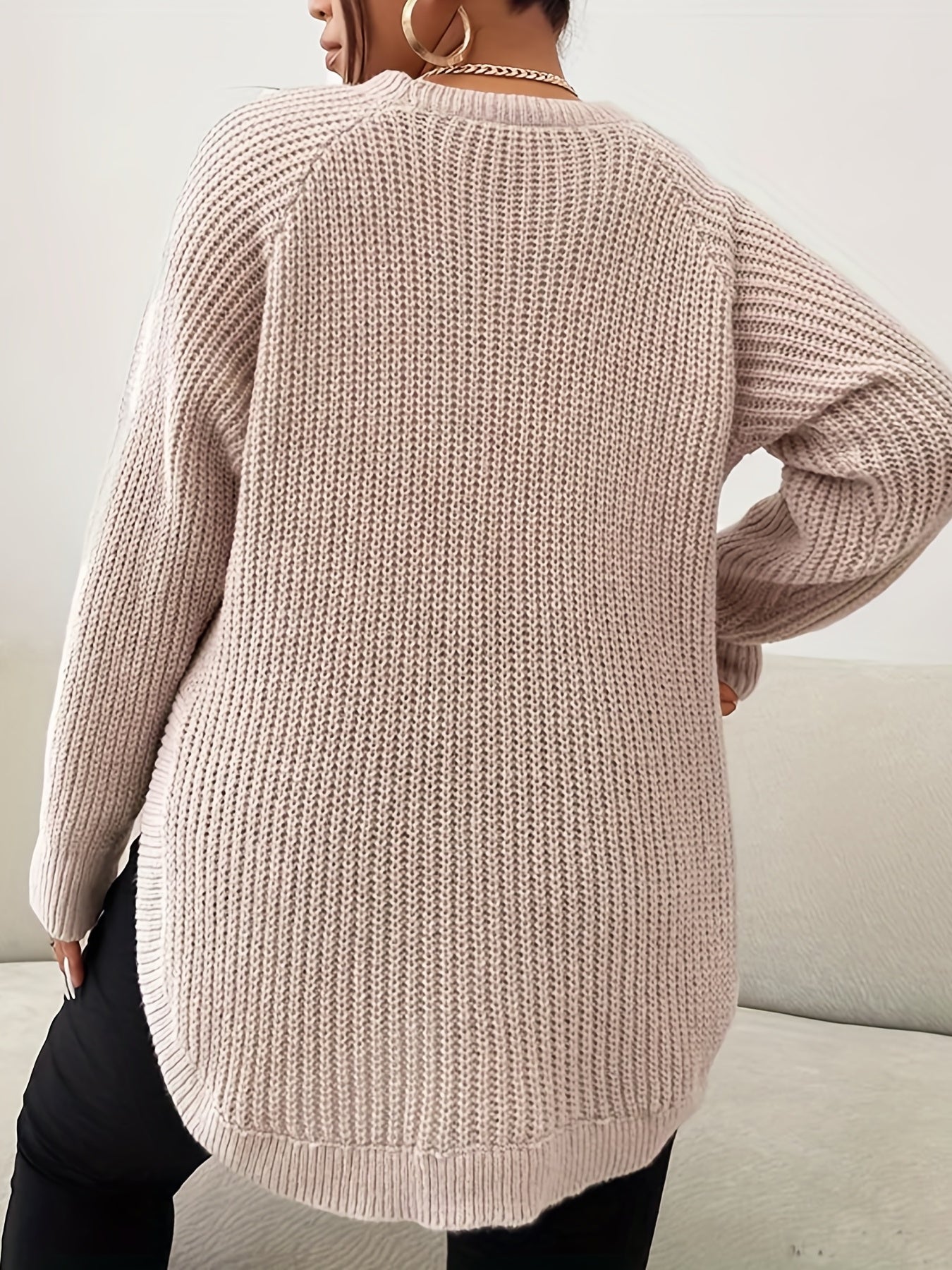 Plus Solid Raglan Sleeve Round Neck Pullover Sweater