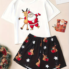 Christmas Print Lounge Set Short Sleeve Top & Shorts Women's Sleepwear