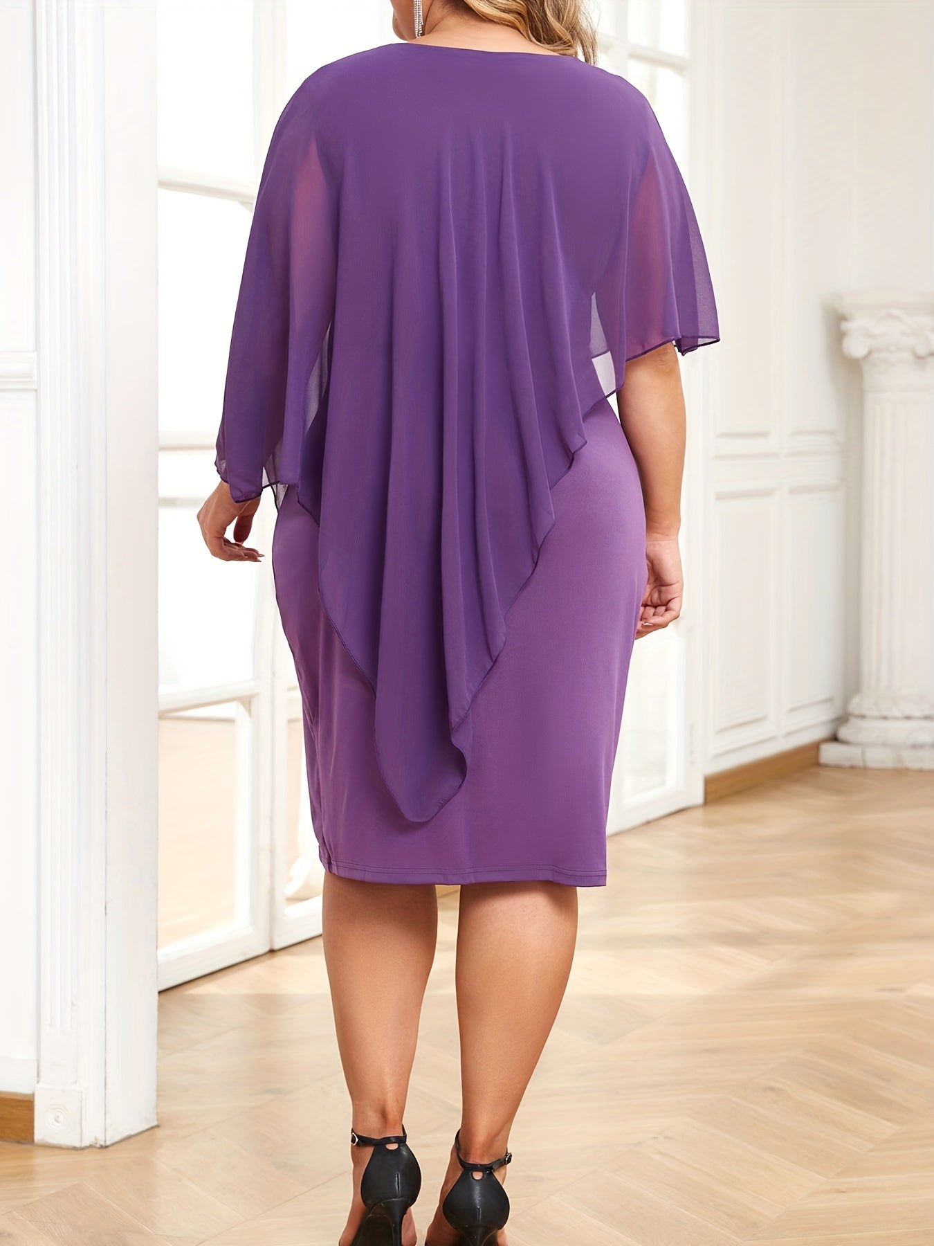 Women's Layered Contrast Mesh Batwing Sleeve Bodycon Midi Dress