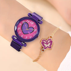 Round Dial Quartz Watch & Butterfly Bangle Set