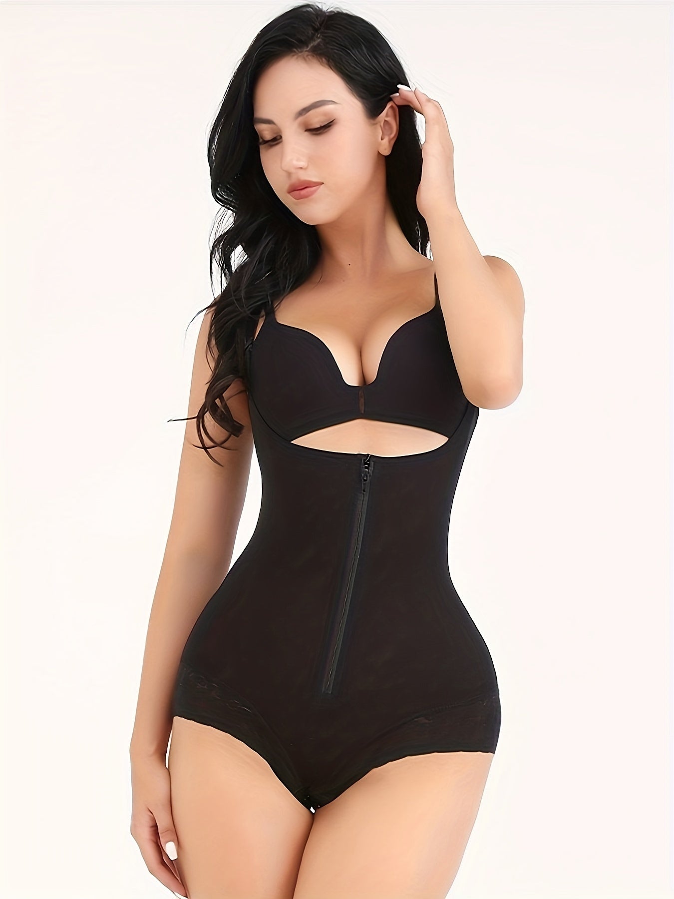 Lace Trim Shaping Romper Tummy Control Butt Lifting Zip Up Body Shaper