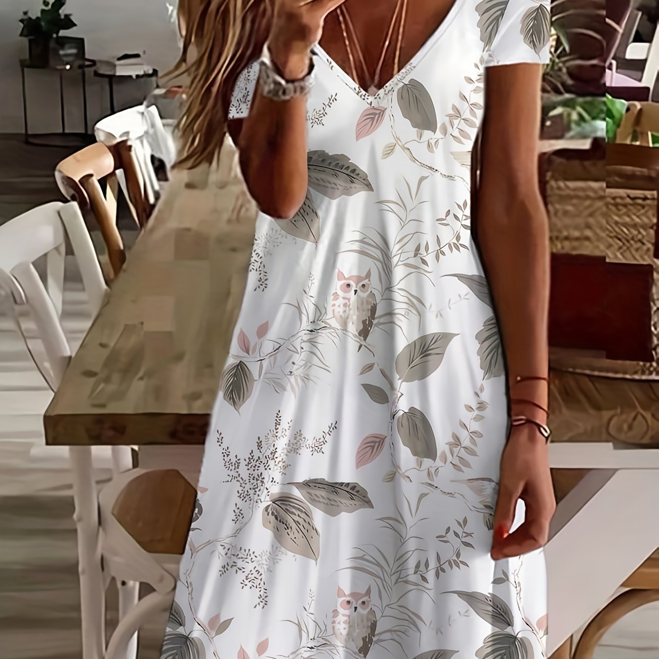 Casual Print V Neck Dress Short Sleeve for Women