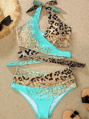 Leopard Print Tie Neck 2 Piece Bikini Set