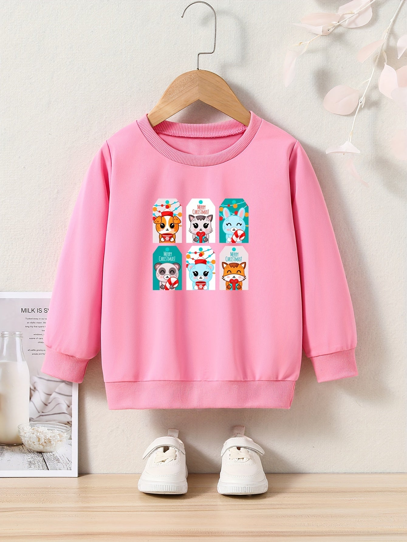 Christmas Cartoon Animals Cards Print Girls Casual Pullover Sweatshirt