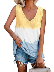 Tie Dye V Neck Cami Top Sleeveless Loose Pocket Fit Tunic Tank Top