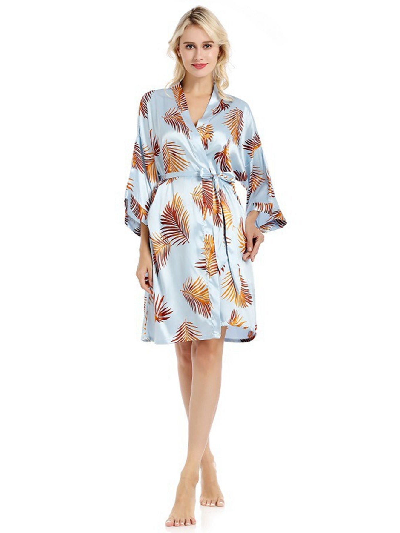 Leaf Print Satin Night Robe Long Sleeve V Neck Robe Women's Sleepwear