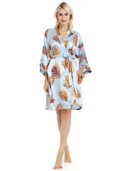 Leaf Print Satin Night Robe Long Sleeve V Neck Robe Women's Sleepwear