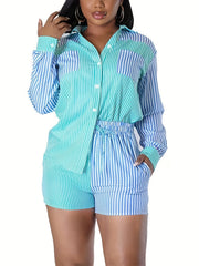 Stripe Print Shirt & Drawstring Shorts Set