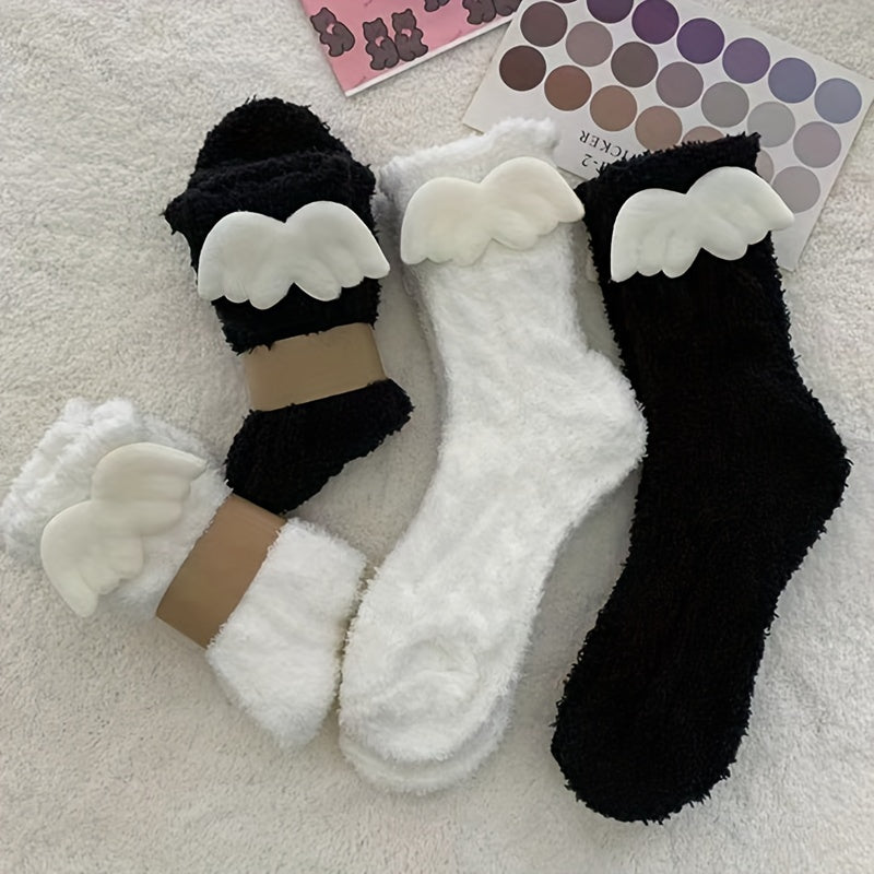 2 Pairs Angle Wings Decor Socks Comfy & Fuzzy Warm Socks Women's Stockings
