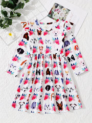 Farm Floral Animals Long Sleeve Skater Dress For Girls