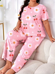 Peach & Stripe Print Two Piece Pajama Set