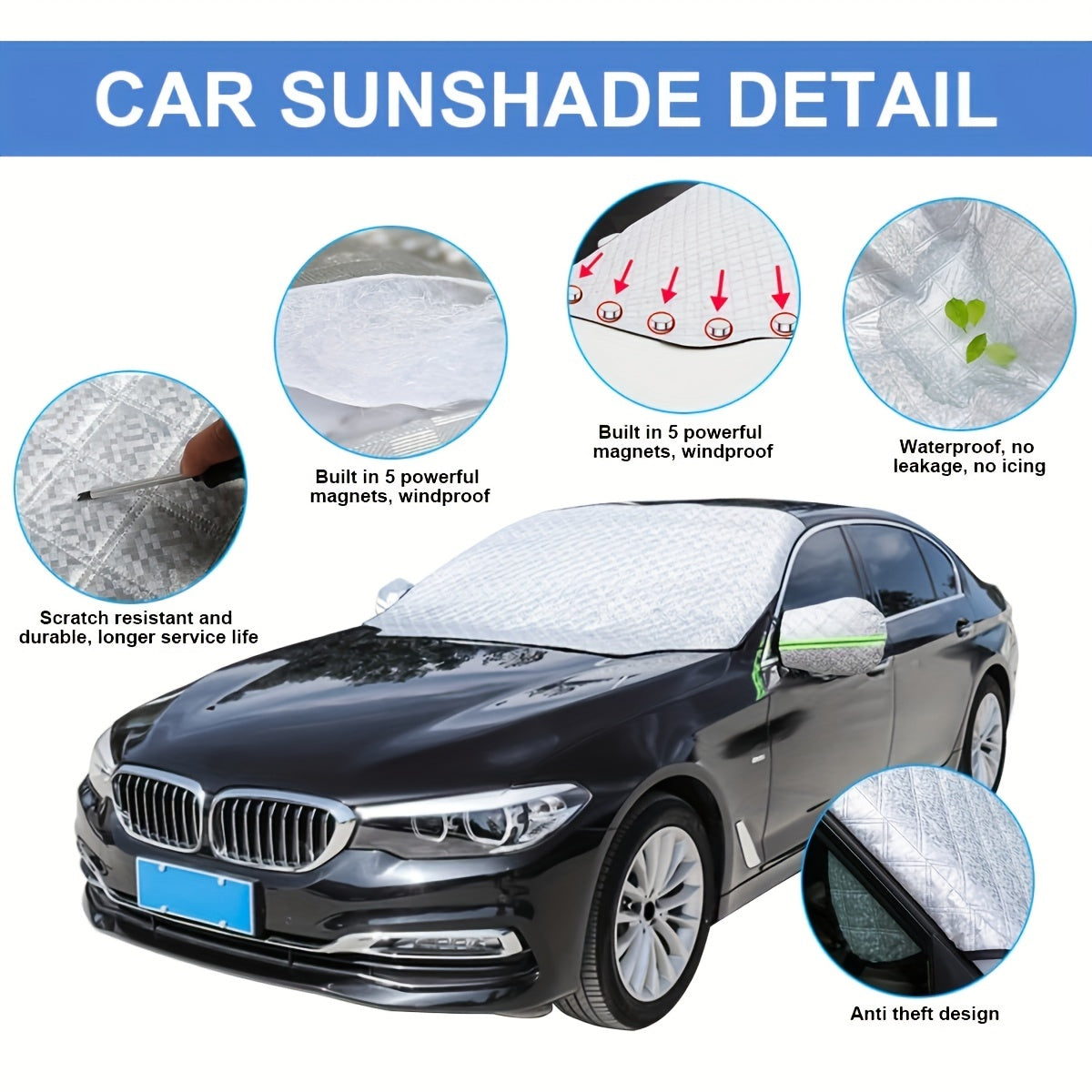 Car Windshield Snow Cover 4 Layers Frost Protection Magnetic Edges