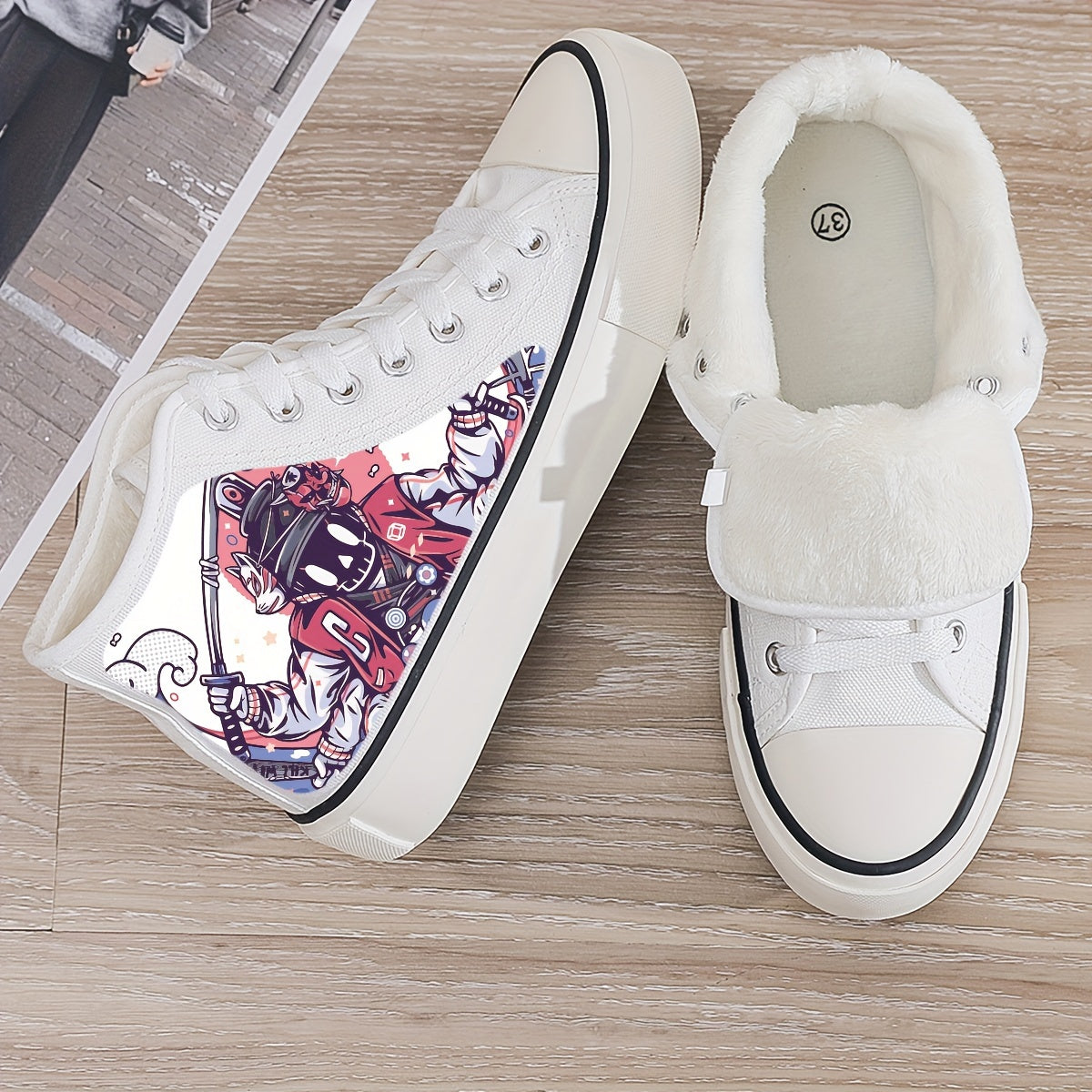 Girl's High Top Anime Skate Shoes With Warm Plush Lining