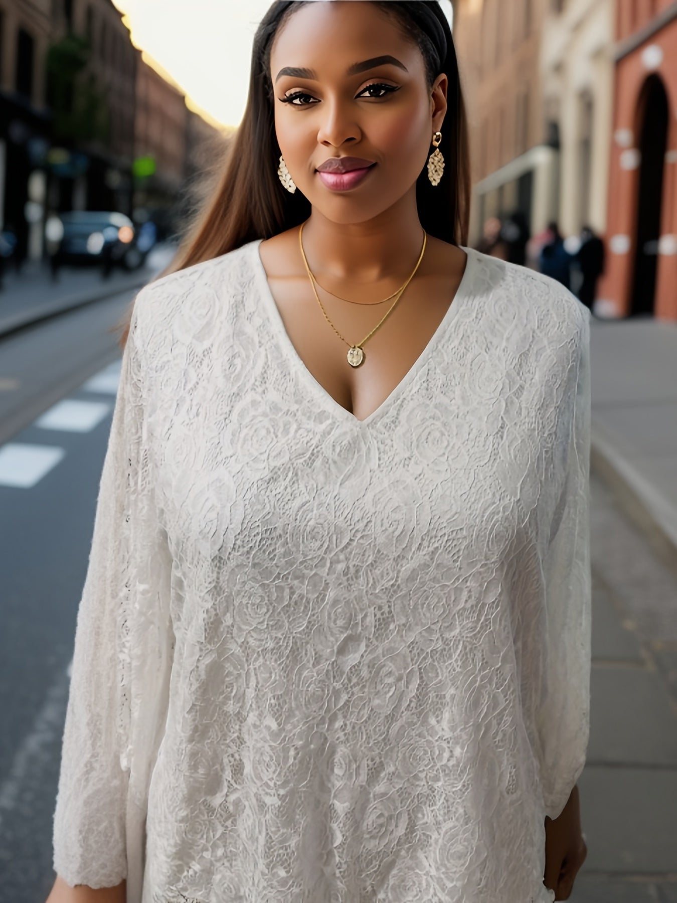 Solid Lace Lantern Sleeve V Neck Top