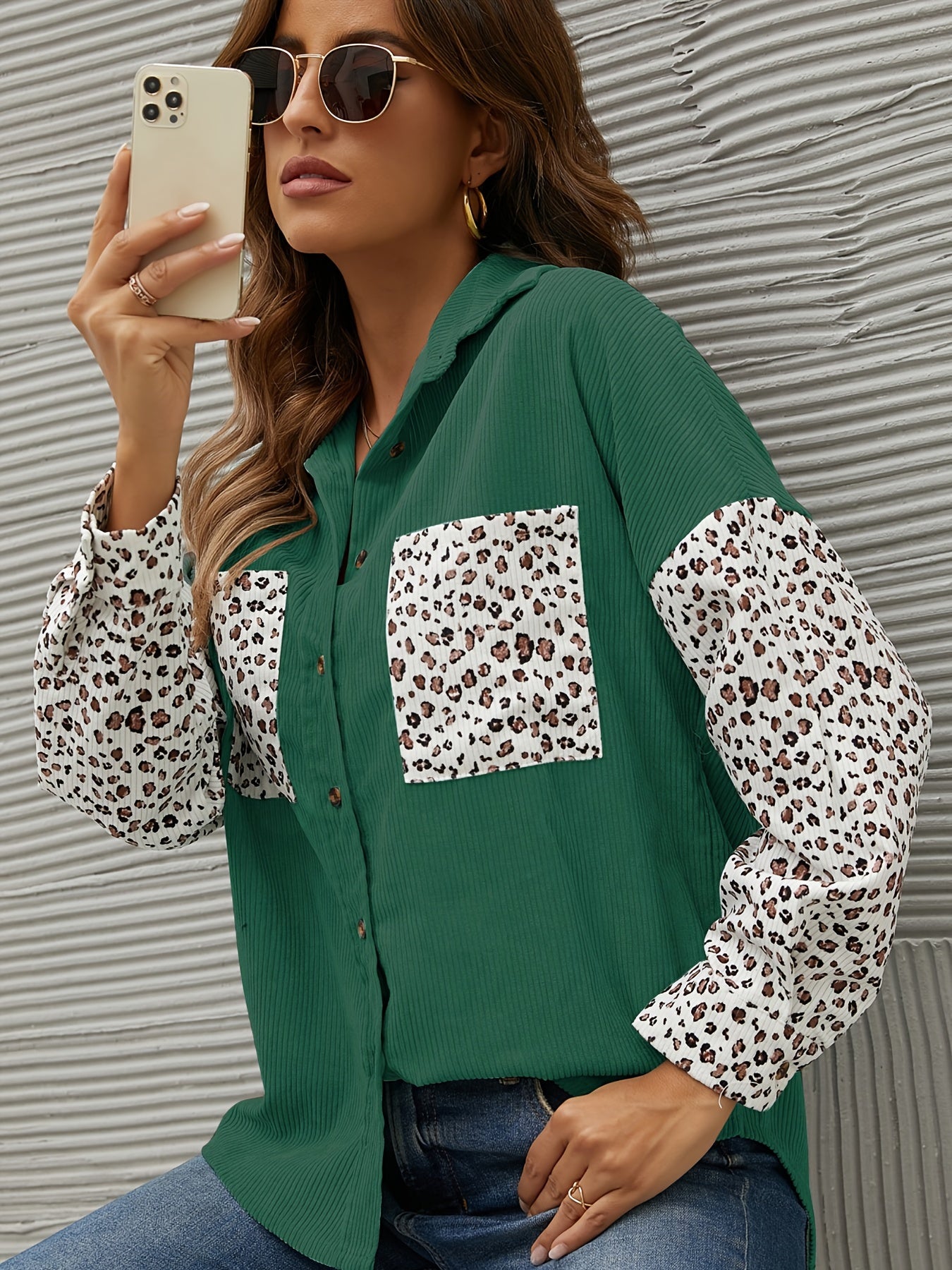 Leopard Print Button Down Coat Lapel Long Sleeve Outerwear