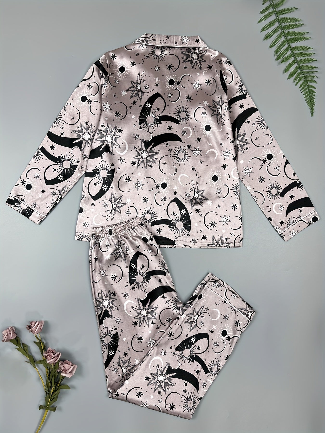 Starry Print Satin Pajama Set Long Sleeve Top & Pants