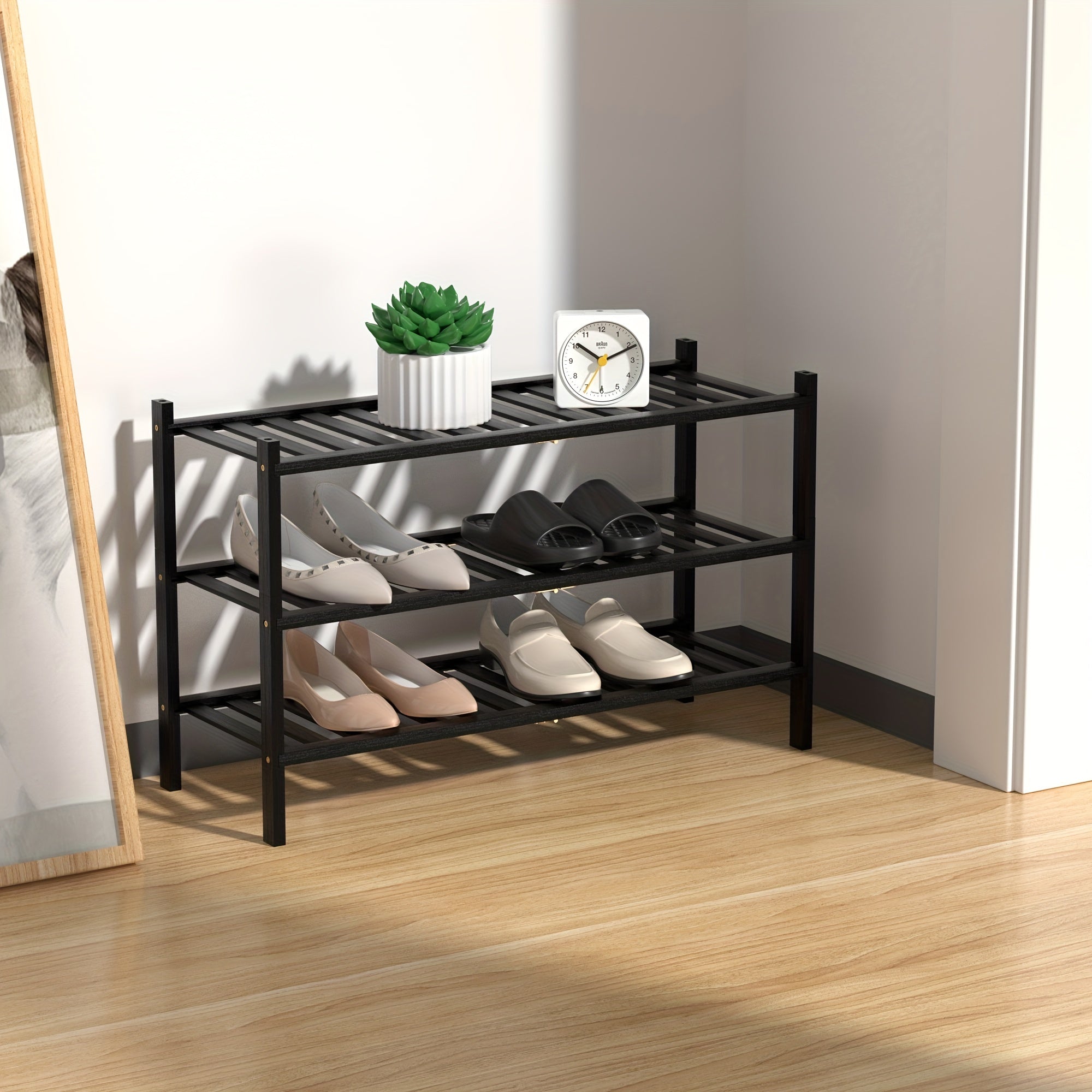 3 Tier Bamboo Shoe Rack Entryway Stackable Shoe Shelf Durable Shoe Storage