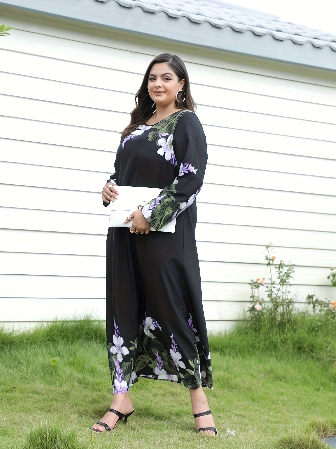 Boho Dress Women's Plus Floral Print Long Sleeve Maxi Dress