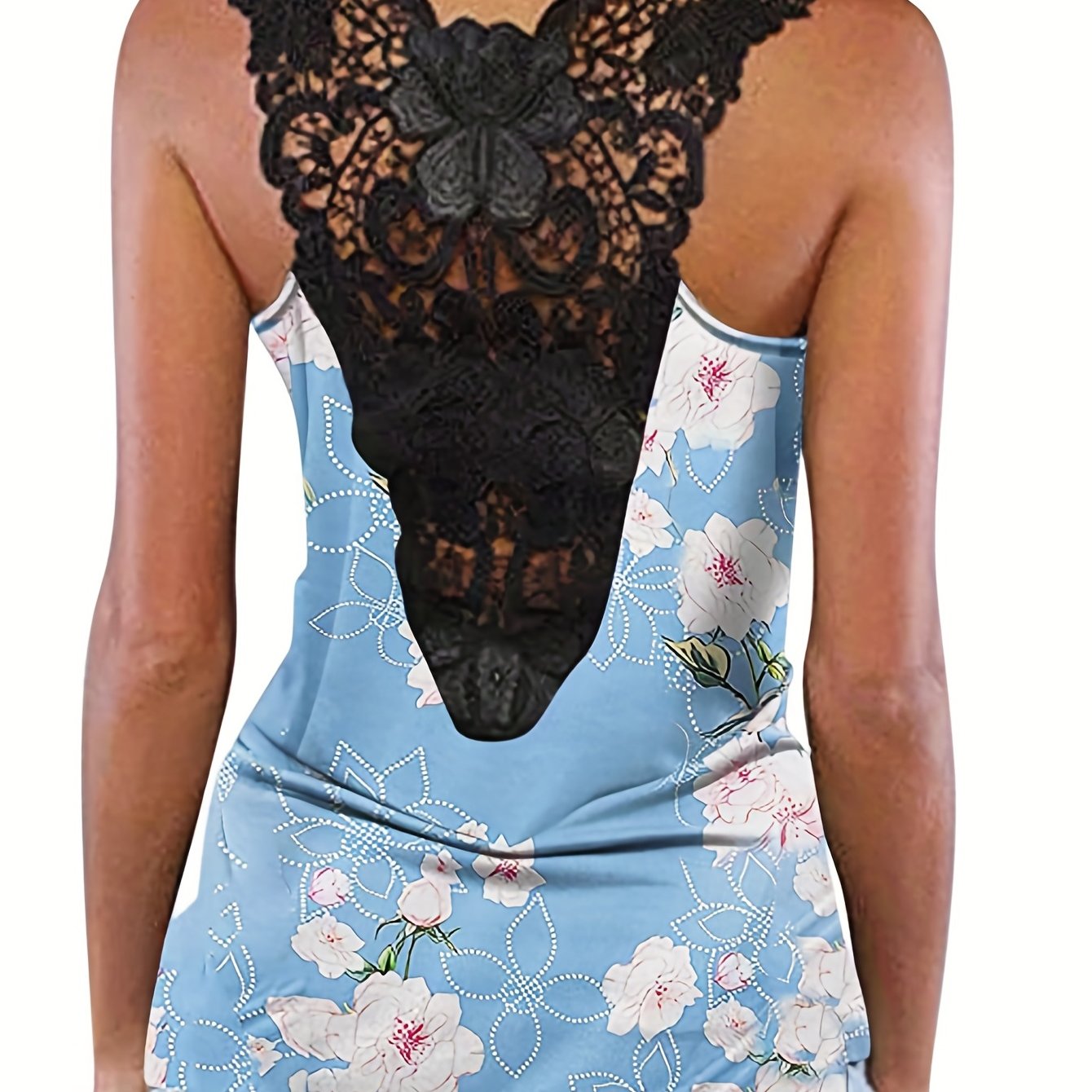 Floral Print Lace Tank Top Crew Neck Summer Sleeveless