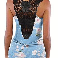Floral Print Lace Tank Top Crew Neck Summer Sleeveless