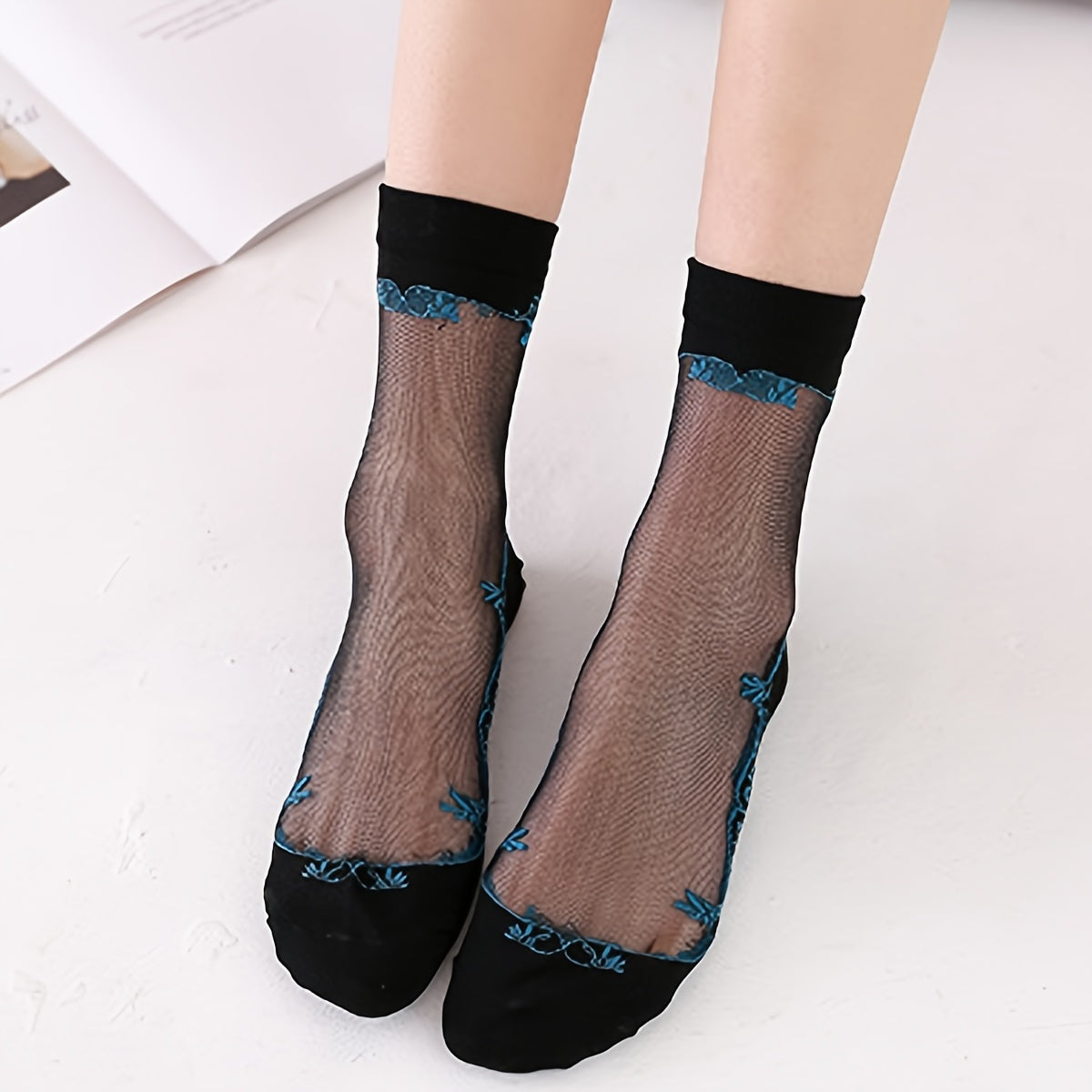 Floral Lace Fishnet Ruffle Socks Semi Sheer Socks Women's Hosiery