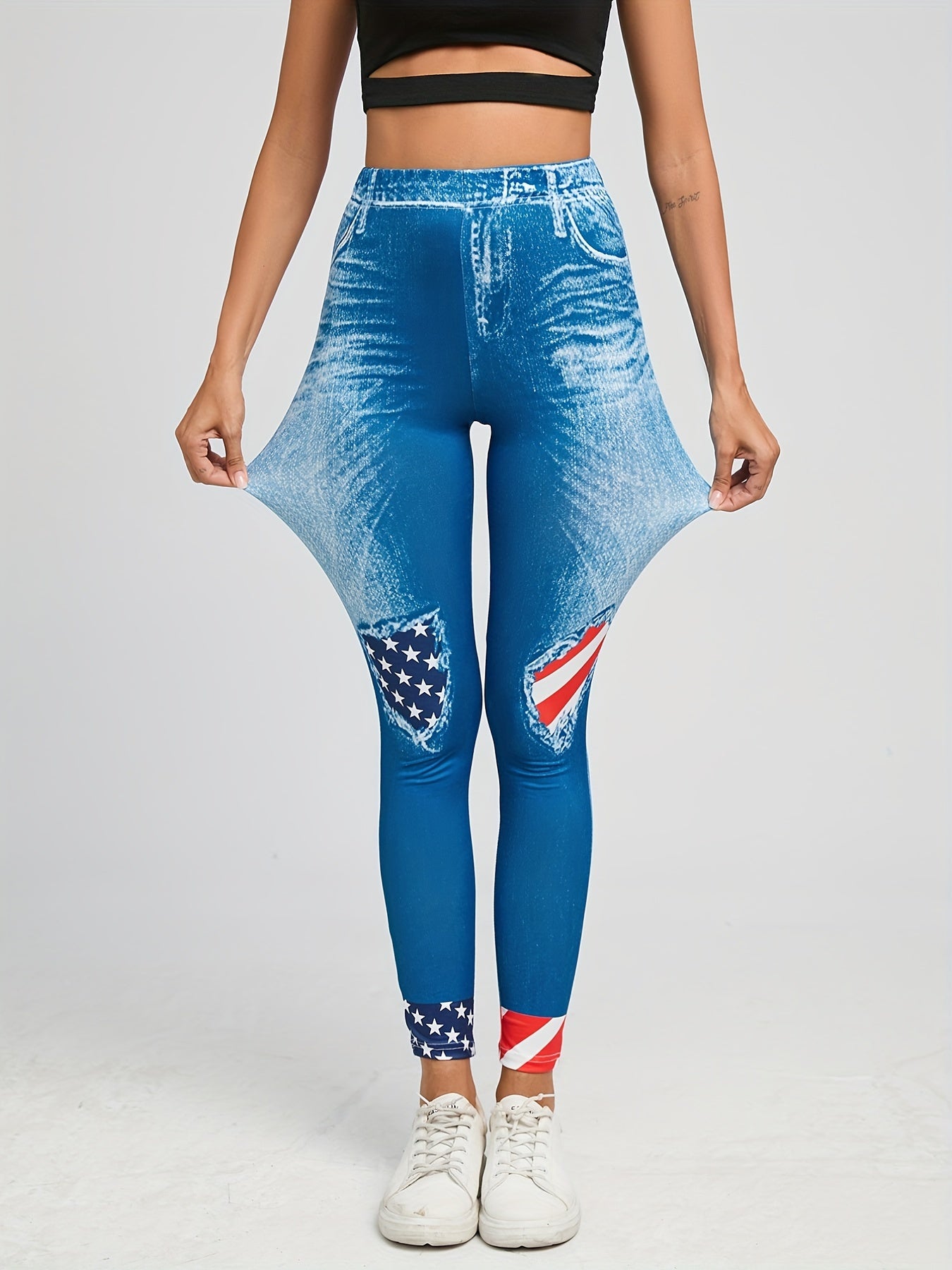 Flag & Denim Print Leggings Casual Skinny Leggings Women's Clothing