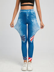Flag & Denim Print Leggings Casual Skinny Leggings Women's Clothing