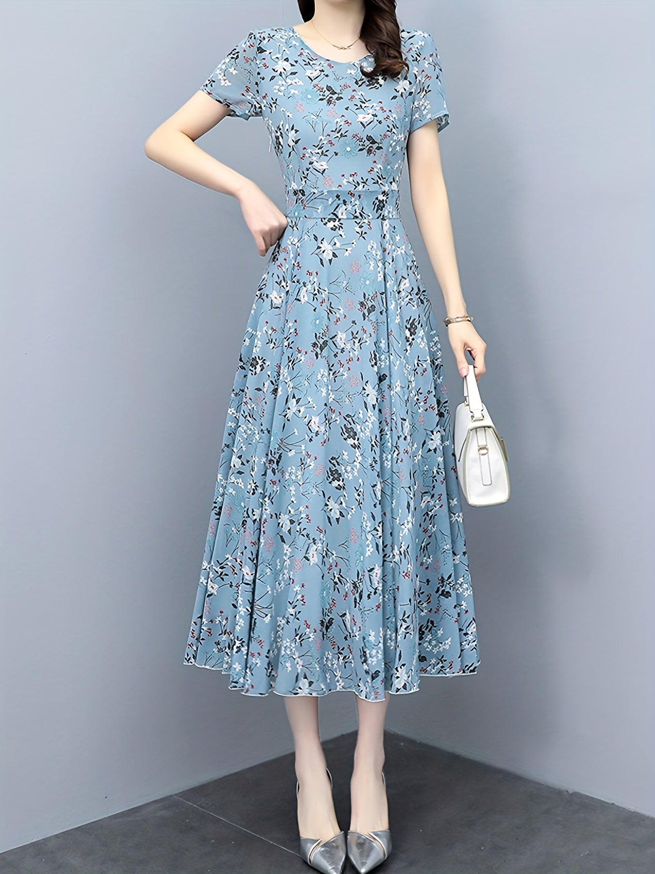 Floral Print Chiffon Dress Crew Neck Short Sleeve Casual Dress