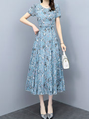 Floral Print Chiffon Dress Crew Neck Short Sleeve Casual Dress