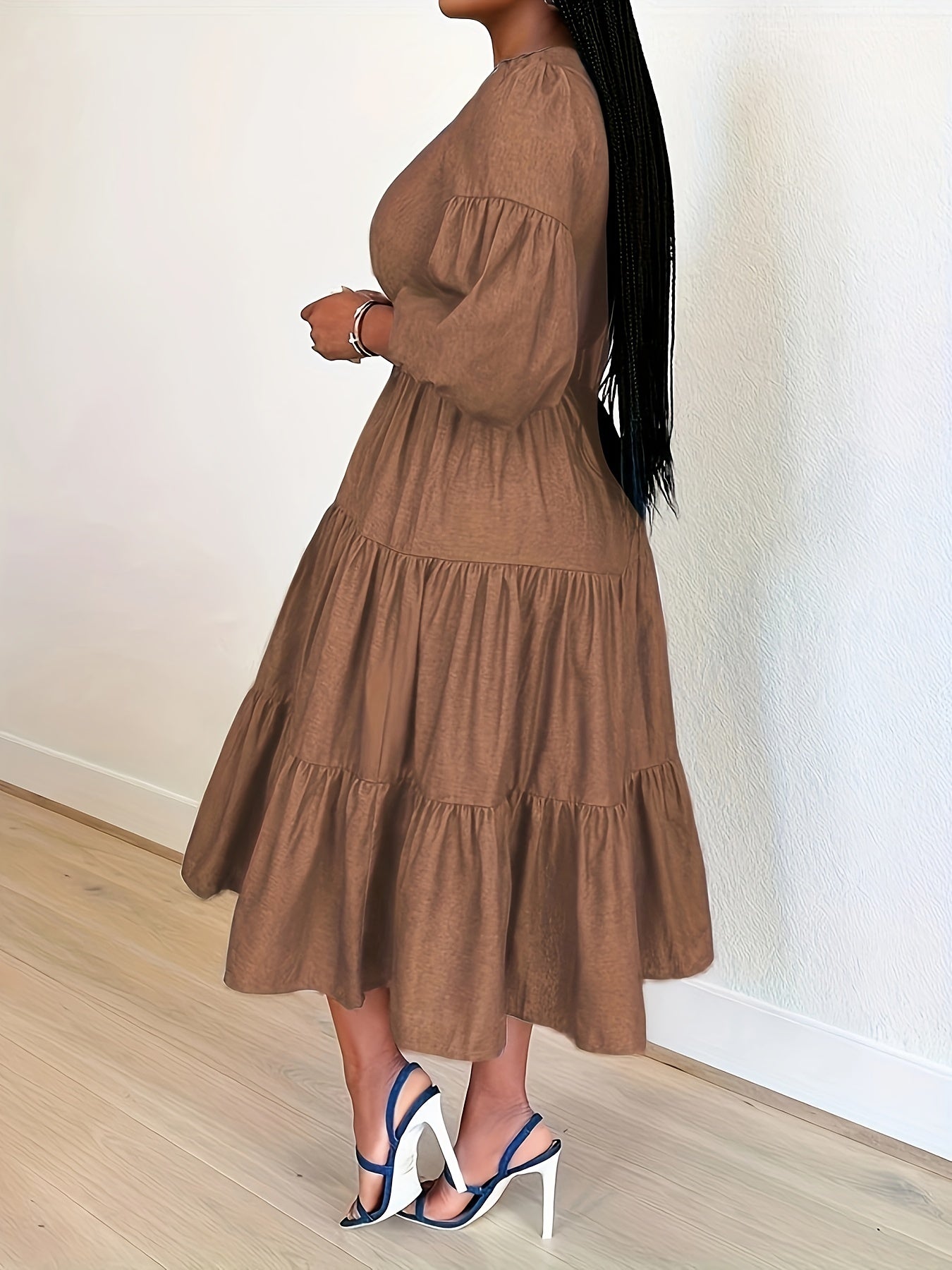 Women's Plus Solid Bubble Sleeve Midi Smock Dress