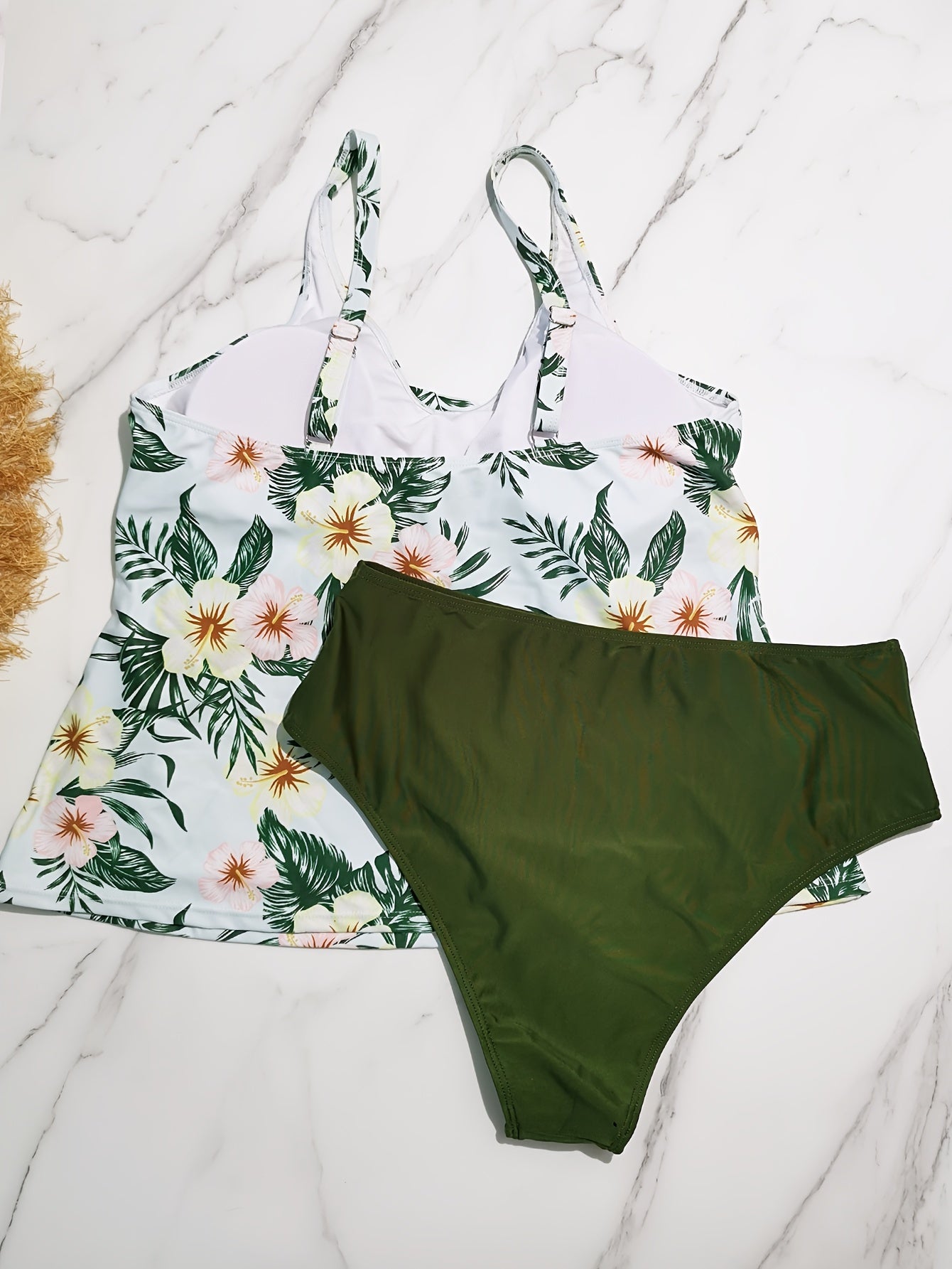 Floral Print Tankini Set Women's Cross Front V Neck Cami Top & Panty